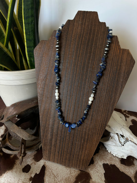 Lapis chips, quarts, and faux pearls