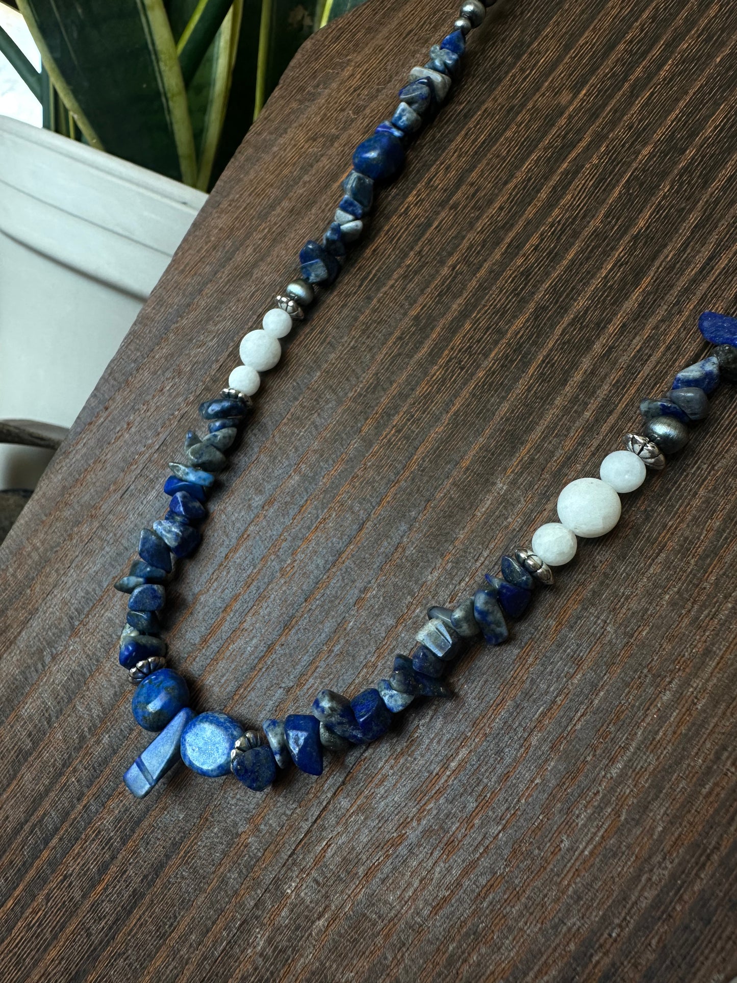 Lapis chips, quarts, and faux pearls