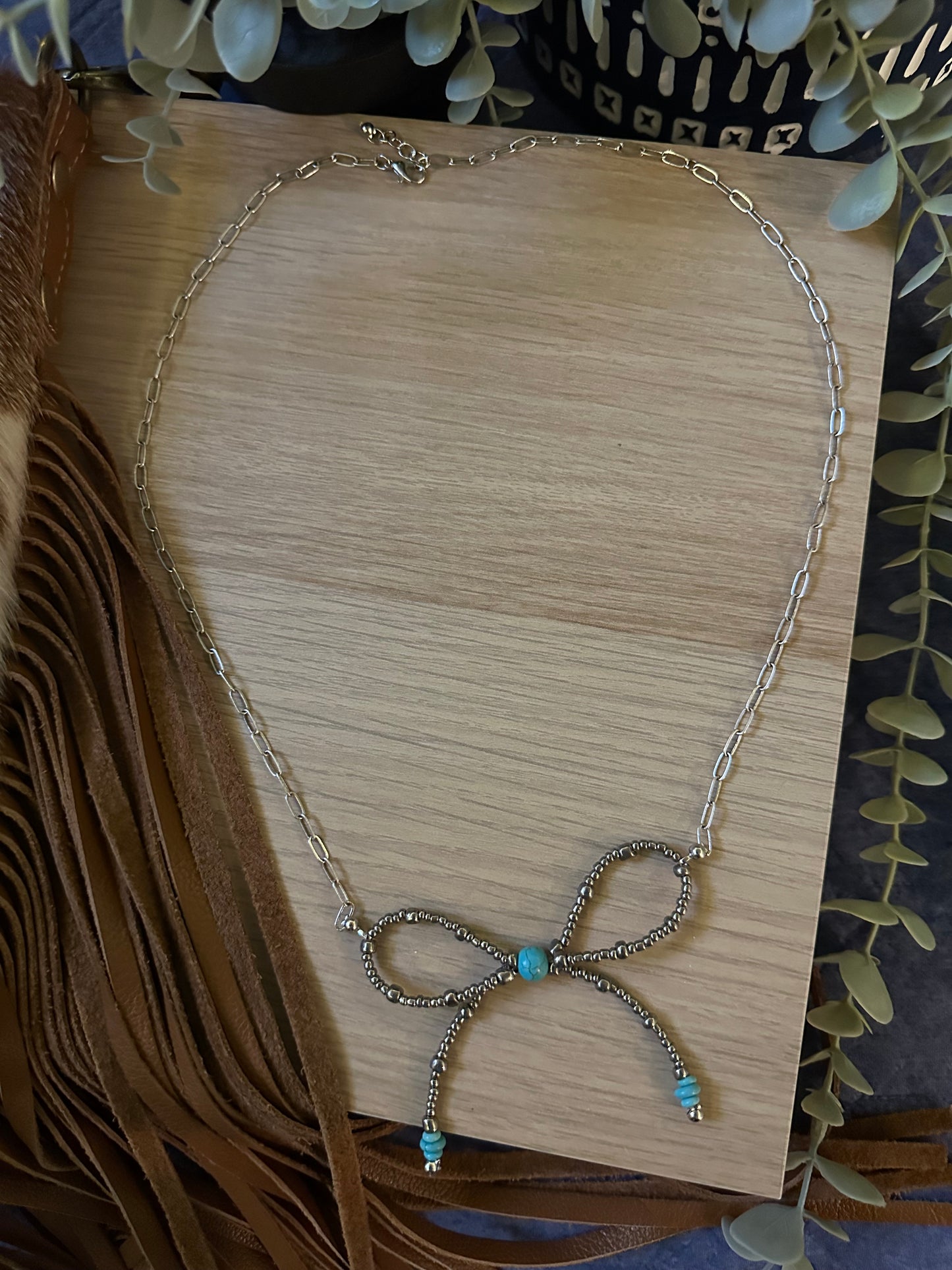 Faux Turquoise & Glass Bead Bow on Wide Chain Necklace