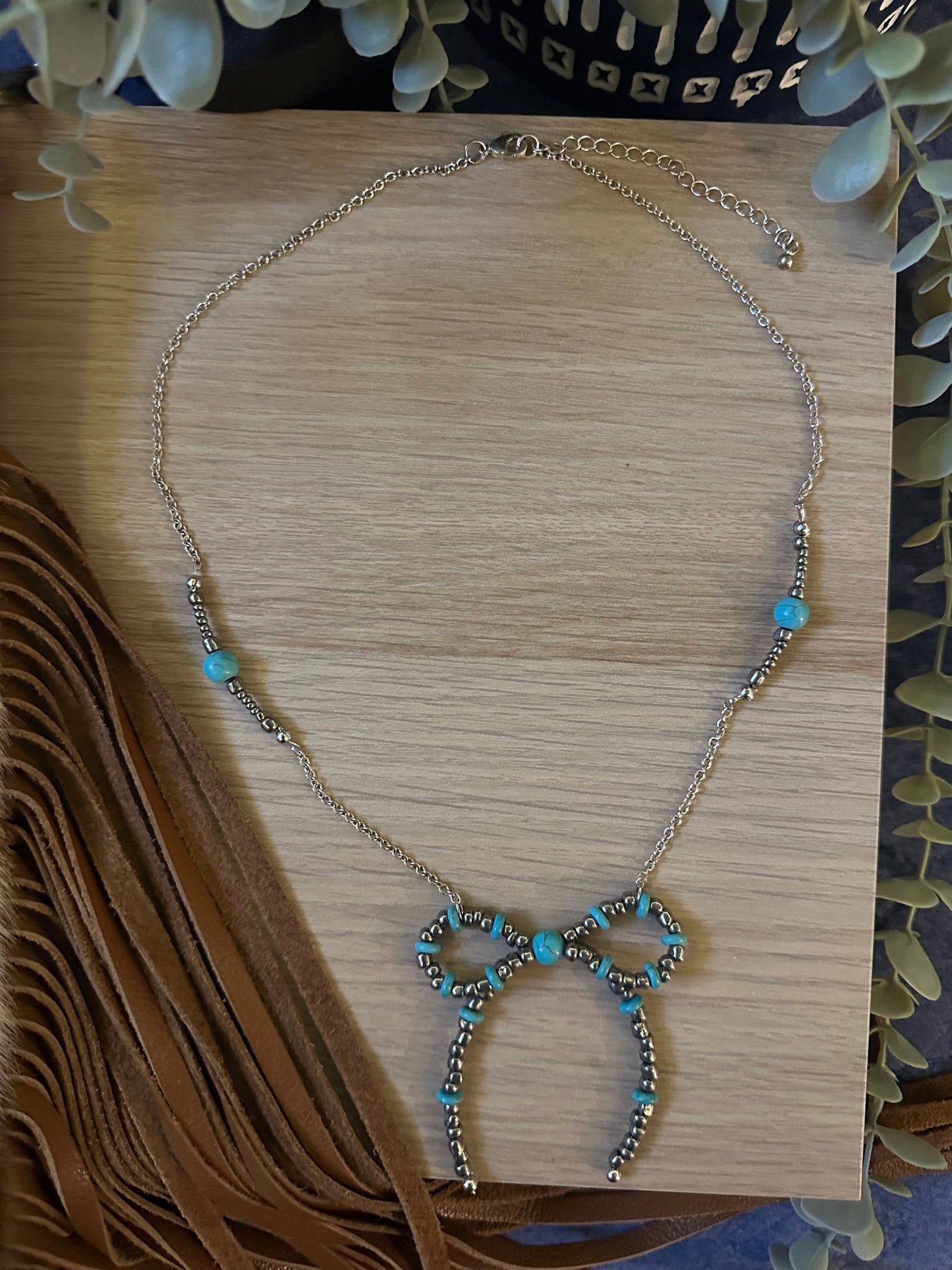 Faux Turquoise & Glass Bead Bow Necklace