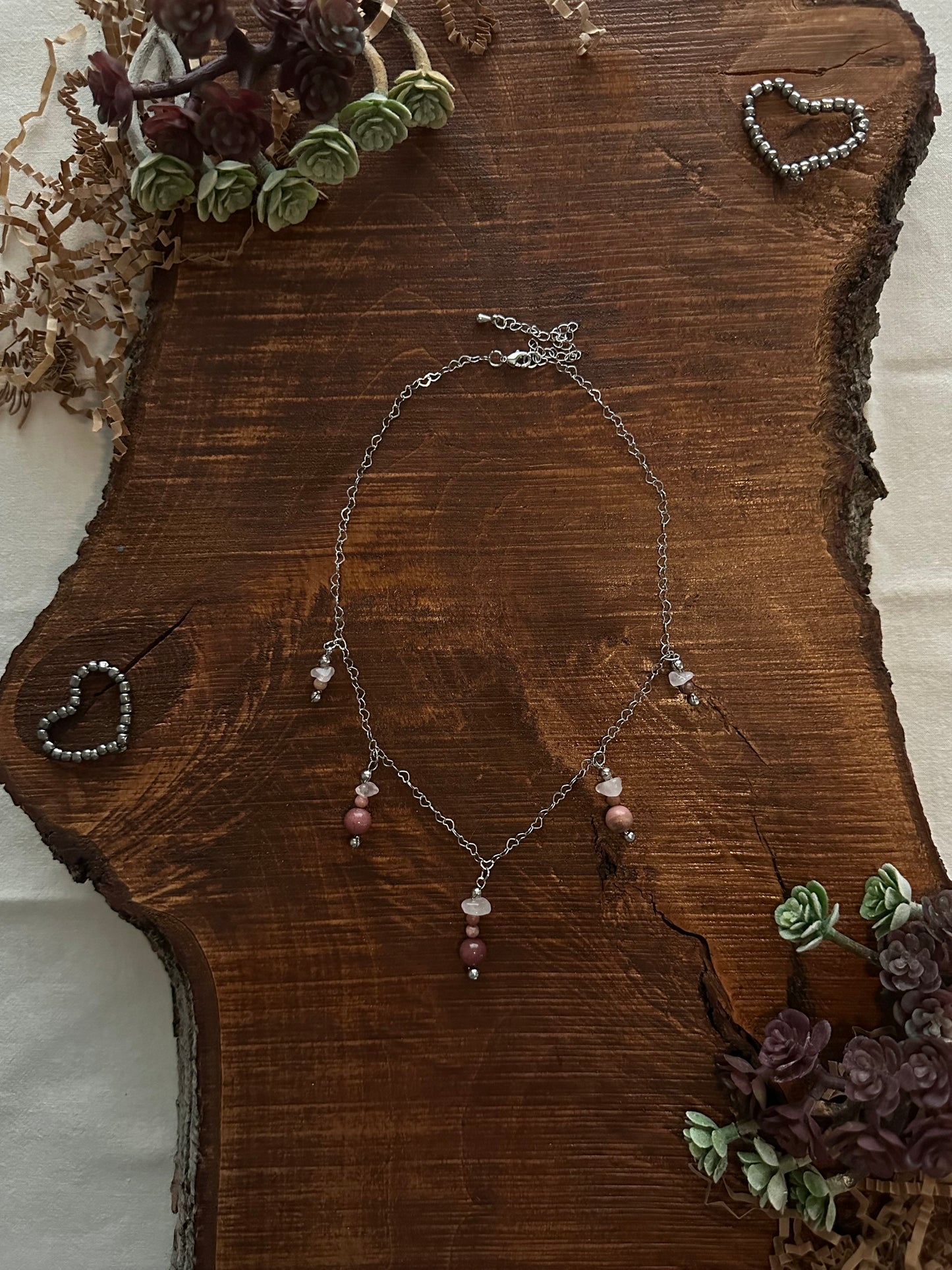 True Rhodonite & Rose Qaurt Chip with Heart Chain