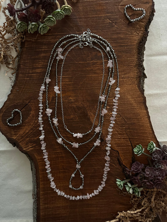 Rose Quartz Chip & Glass Bead Necklace Stack