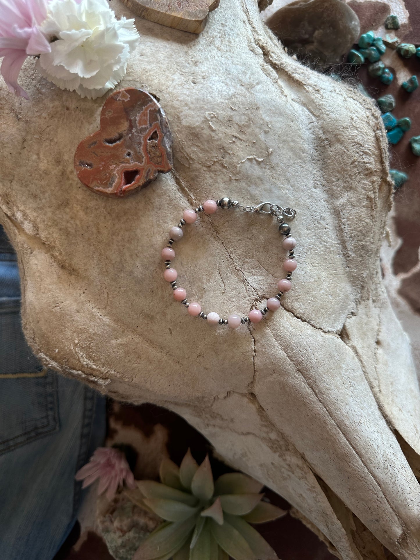 Sterling Silver Pearl and Pink Opal Necklace Stack with Bracelet